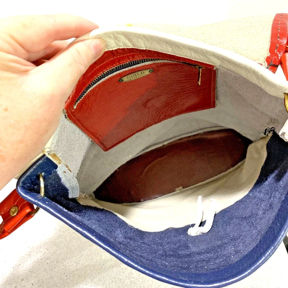 Vintage GUILD Red White & Blue Leather Purse Shoulder Bag 70s Top Stitch Fashion